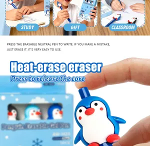 Cute penguin erasable gel pen detail view, 0.5mm tip, smooth writing and easy to erase cleanly.