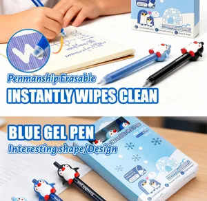 Retractable erasable gel pen set cute penguin shape 0.5mm blue ink school stationery 3pcs