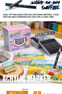 Dual tip acrylic marker set with stackable storage box for kids art painting and graffiti design.