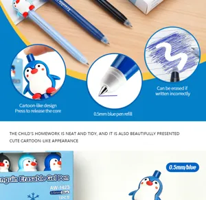 Cute penguin erasable gel pen set, 0.5mm fine tip blue ink for smooth writing and clean corrections.