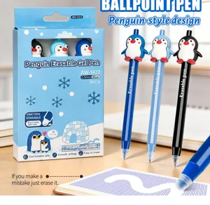 Cute penguin erasable gel pen detail, 0.5mm blue ink, friction erasable stationery set.