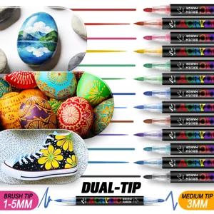 Dual-tip acrylic marker set with 1-5mm brush and 3mm medium tips for art rock painting.
