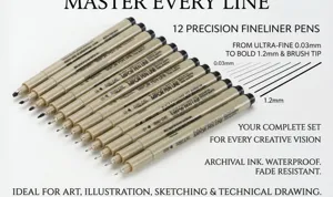 Set of 12 precision fineliner pens with varying line widths from 0.03mm to brush tip