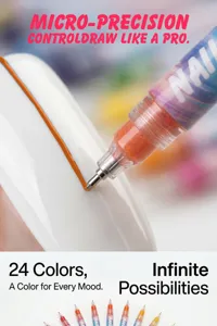 Primer plano de un lápiz de precisión para decoración de uñas trazando una línea naranja.