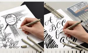 Detailed view of professional fineliner pens used for architectural drawing and calligraphy.