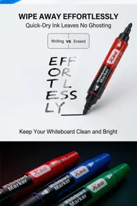 Detail of quick-dry dual-tip whiteboard markers with smooth erasing feature.