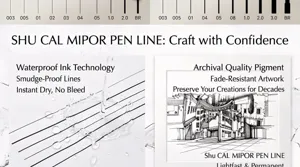 Detailed view of waterproof and archival ink quality on professional drawing pen set