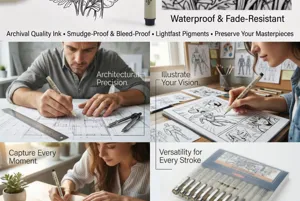 Professional archival ink fineliner pen set for architectural drawing and art illustrations