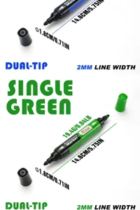 Dual-tip green whiteboard marker dimensions 14.6cm length and 2mm line width specification.