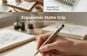 Close-up of ergonomic matte grip fineliner pen for professional architectural sketches.