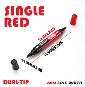 Close-up detail of dual-tip red whiteboard marker with 2mm tip width and dimensions info.