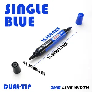 Detailed view of dual-tip blue whiteboard marker with dimensions and 2mm line width