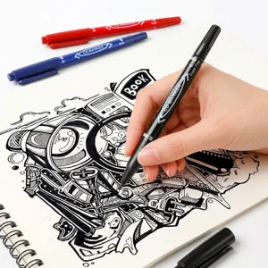 Permanent dual-tip markers for drawing and sketching in black, red, and blue colors.