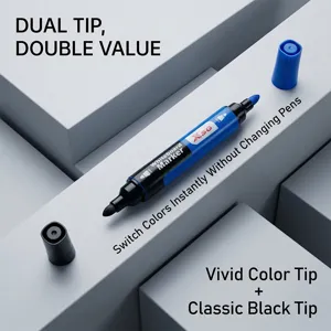 Dual-tip erasable whiteboard marker with blue and black ink in a minimalist studio setting