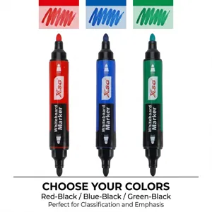 Set of 3 double-headed erasable whiteboard markers in red, blue, and green ink.