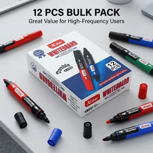 Bulk 12-pack of double-headed erasable whiteboard markers with high capacity water-based ink.
