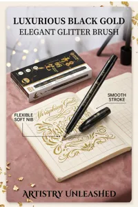 Penna a pennello glitter nero oro con punta morbida per calligrafia e scrittura d'arte 1pz