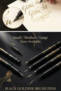 Dettaglio di pennarelli con inchiostro nero e oro, punta morbida flessibile per calligrafia.