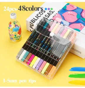 Acrylverfmarker detailweergave met 1-5 mm penpunten en transparante opbergtas verpakking.