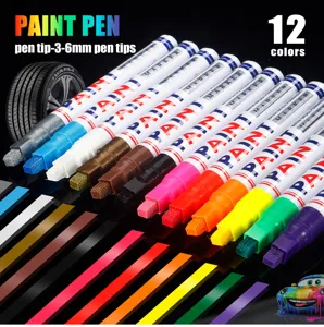 Detail view of 12 vibrant colored paint pens with 3-6mm chisel tips for creative art and repairs.