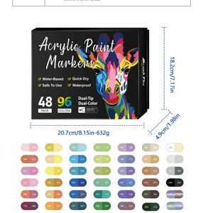 Dual tip acrylic paint markers set, 48 pack 96 colors with color swatch chart and size specs.