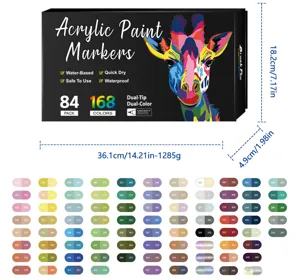 Detailed view of the 168 colors acrylic paint markers set with color swatches and box dimensions.