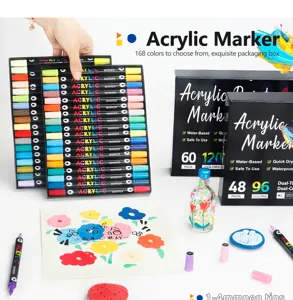Detail view of dual tip acrylic marker set featuring rich 168 colors and art displays.