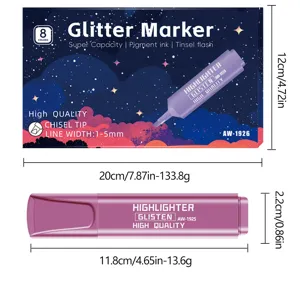 Glitter marker pen set detail dimensies, 8 kleuren beitelspUNT markeerstift voor school en kantoor.