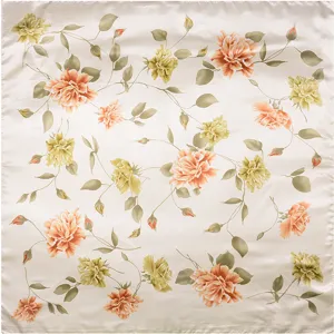 Detailed view of 90cm floral silk-like square scarf with elegant orange flower print