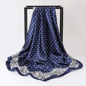 Navy blue polka dot satin square scarf with paisley border detail, 90cm large size.