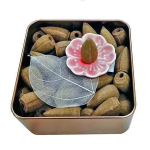 Coffret de cônes d'encens à refoulement d'armoise avec porte-fleur en céramique rose