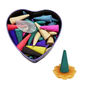 Colorful cone incense set with heart tin box and flower holder for meditation and relaxation