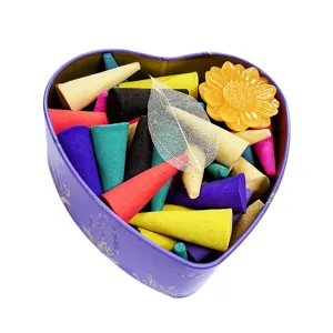 Wholesale heart-shaped tin box colorful cone incense set for meditation, aromatherapy and relaxing.