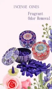 Vista detallada de conos de incienso púrpura aromáticos con latas bohemias y acentos florales