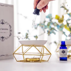 Bruciatore per aromaterapia in ferro dorato minimalista con ciotola in ceramica e contagocce