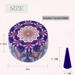 Dimensiones de caja de incienso bohemia 9x5,5cm y cono de incienso morado 2,7x1,1cm