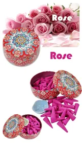 Caja de metal de estilo bohemio con conos de incienso con aroma a rosas para casa