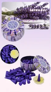 Set de incienso en cono de lavanda en caja metálica con estampado floral bohemio lila