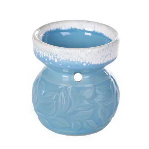 Bruciatore di oli essenziali in ceramica azzurro con motivo a foglie e smalto bianco
