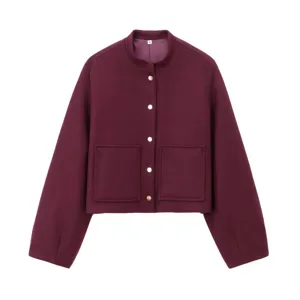 Burgundy cropped women jacket with stand collar, single breasted metal buttons and pockets.