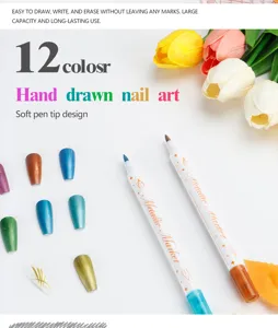 Vista detallada de 12 marcadores metálicos para uñas con diseño de punta suave.