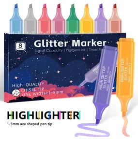 8 Kleuren Glitter Markeerstiften Beitelpunt 1-5mm Kleurrijke Tekstmarkers voor School