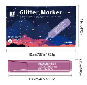 Glitter markeerstift set, gekleurde marker voor studentenstudie, beitelpunt, sprankelende inkt.