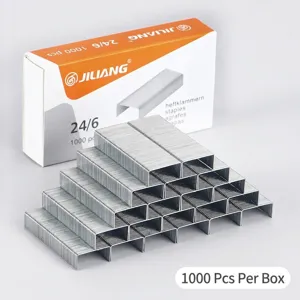 High-quality 24/6 stainless steel staples, 1000 pieces per box for standard office use