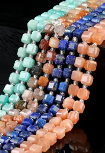Close-up of multi-colored natural stone sugar cube beads for DIY jewelry making