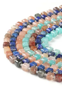 Macro detail view of colorful natural stone square sugar beads for DIY jewelry craft making.