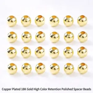18K Gold Plated Copper Round Spacer Beads DIY Jewelry Findings Accessories Smooth Metal Ball Beads for Bracelet Necklace Making