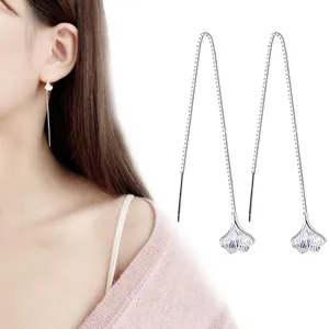Korean Style Simple Ginkgo Leaf Long Ear Wire Earrings For Women Vintage Copper Metal Tassel Dangle Earrings Fashion Jewelry
