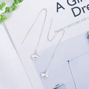 Elegant minimalist silver ginkgo leaf long ear thread earrings for women with nature theme