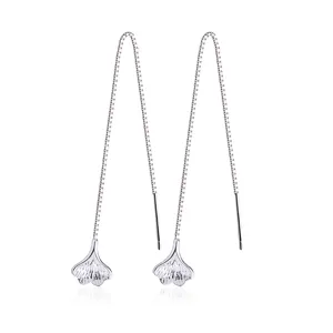 Elegant ginkgo leaf long threader earrings in silver finish for a minimalist style